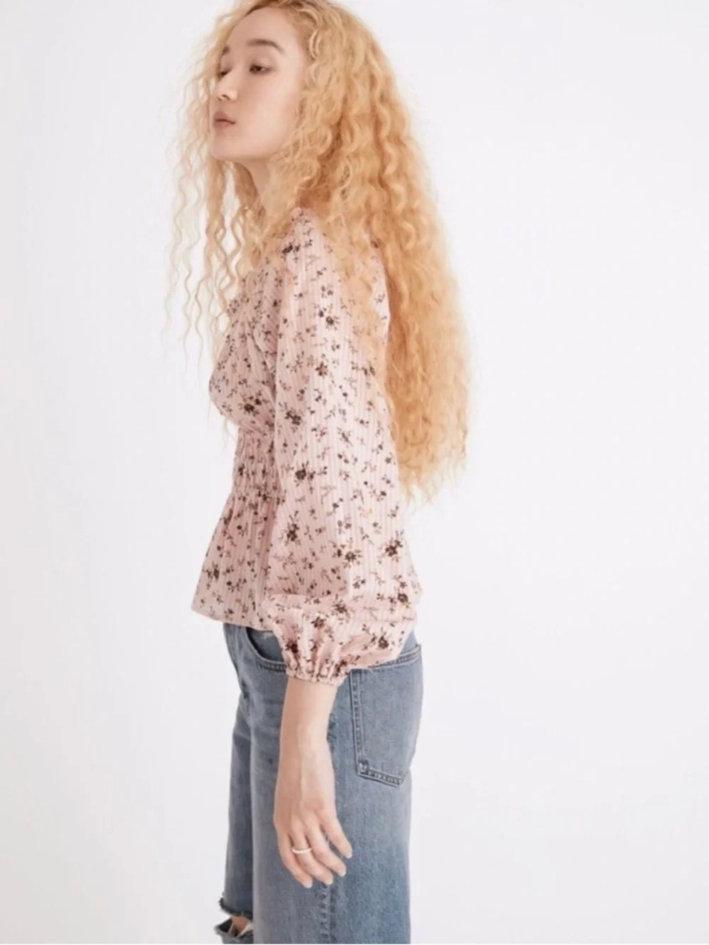 MADEWELL Sophia Floral Smocked Peplum Blouse Pink Long Sleeve Top Size XXS